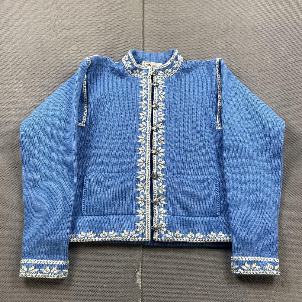 Nordic Nomad Cardigan Sweater Womens Small* Blue Wool Fair Isle Knit Button Up